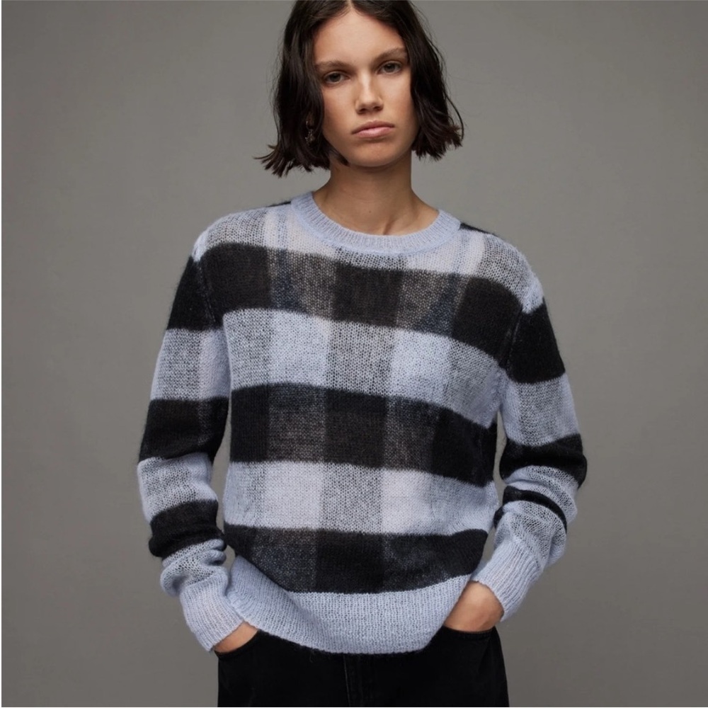 All Saints Renee Mohair Crewneck Sweater Blue Black Checkered